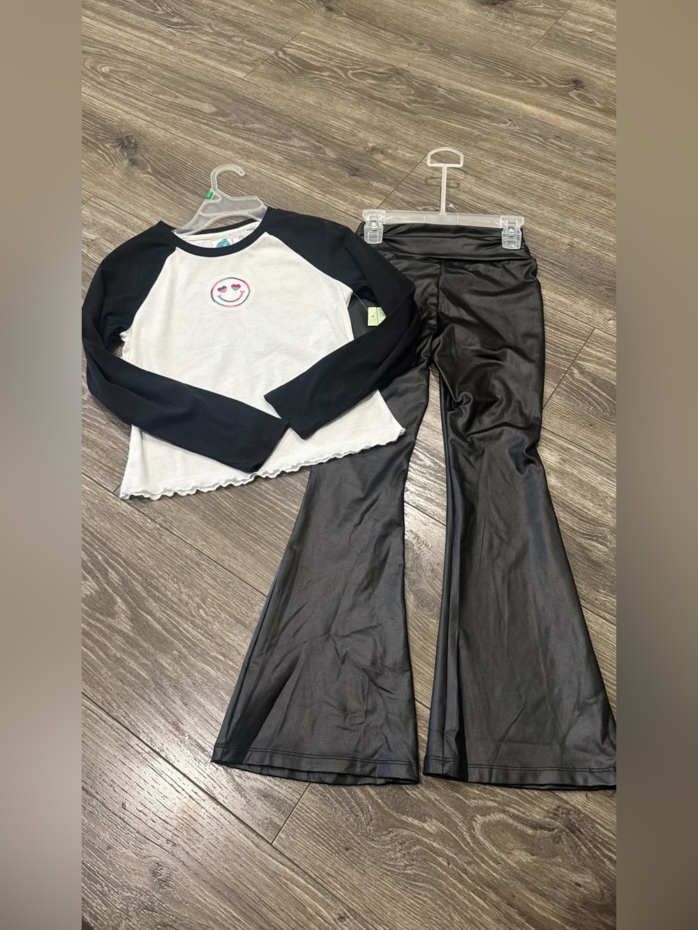 NWT Kids Black & White Smile Raglan Top and Black Faux Leather Flare Pants Set